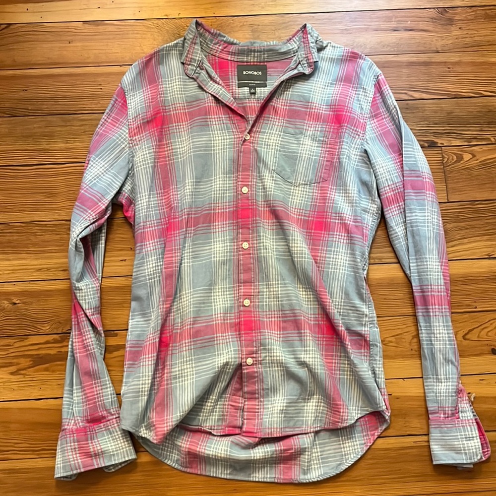 Bonobos plaid Brushed Casual Button Down. Large Long Sim Fit